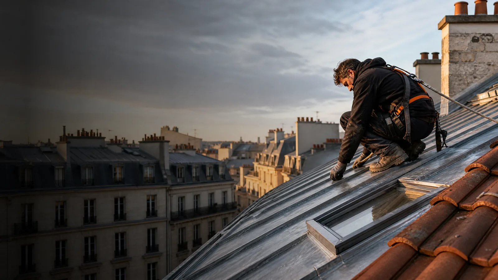 Détail d’une toiture en zinc, photographie d’ambiance temporaire