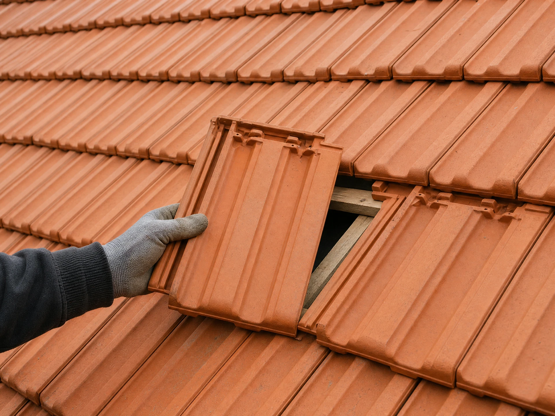 Illustration ultra-réaliste d’une réparation localisée sur une toiture en tuiles PV 13