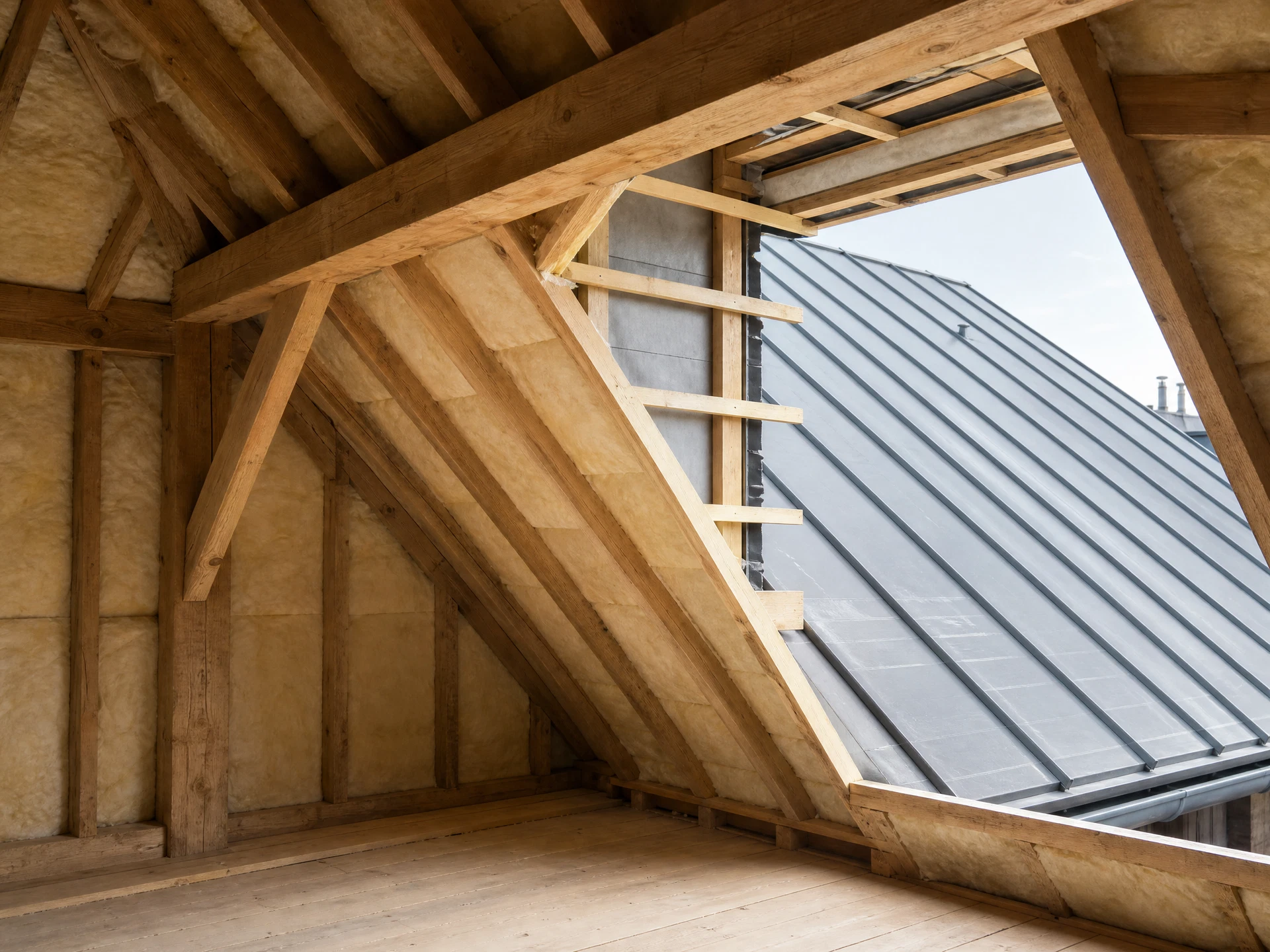 Illustration ultra-réaliste d’une charpente isolée sous une couverture en zinc