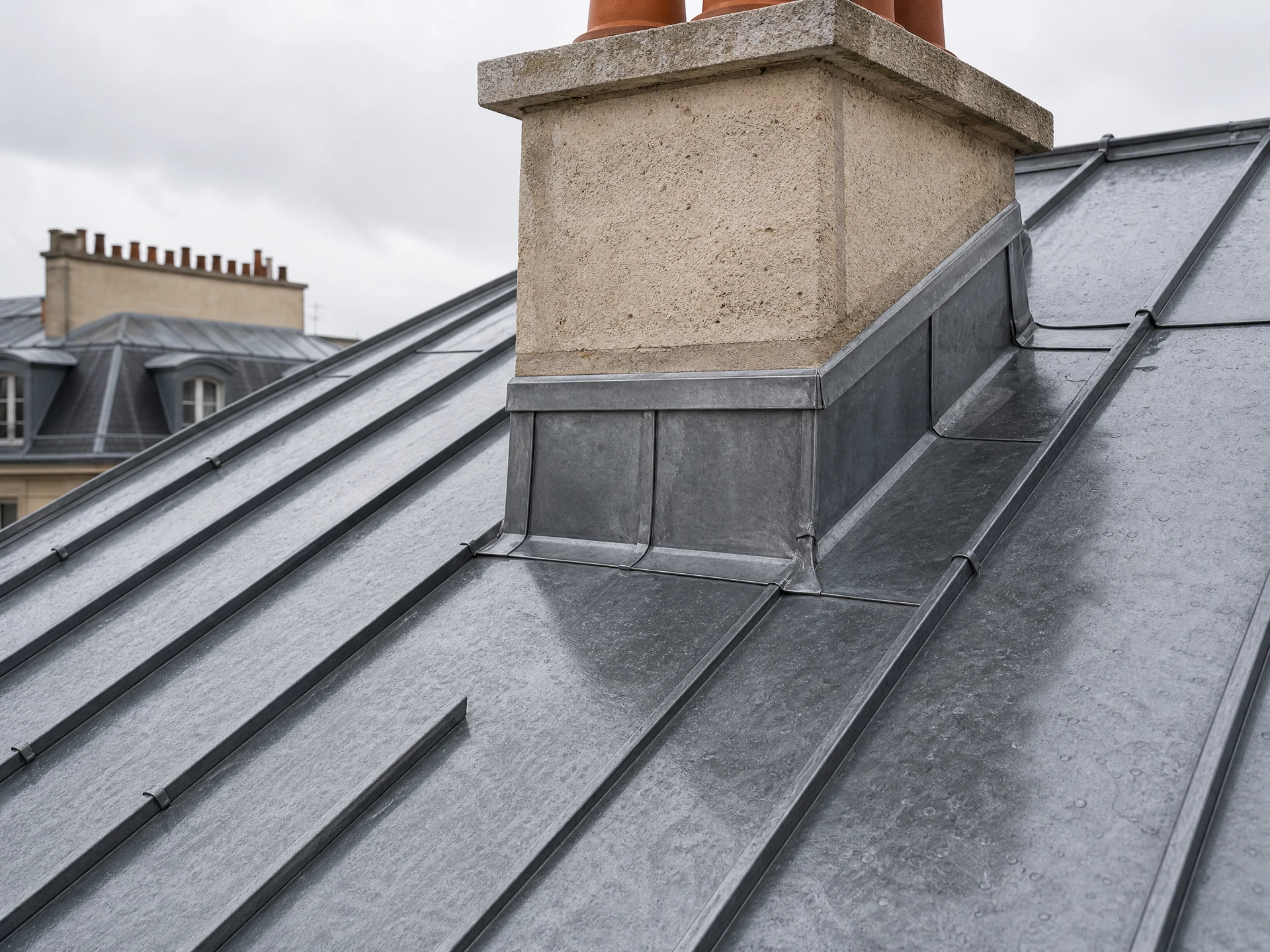 Illustration ultra-réaliste d’un raccord d’étanchéité sur une toiture à joints debout en zinc
